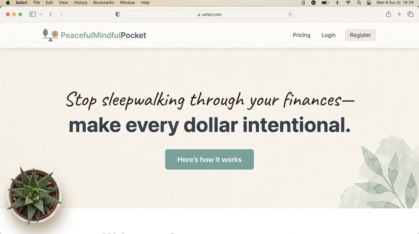 PeacefulMindfulPocket platform preview showing the zero-based budgeting interface