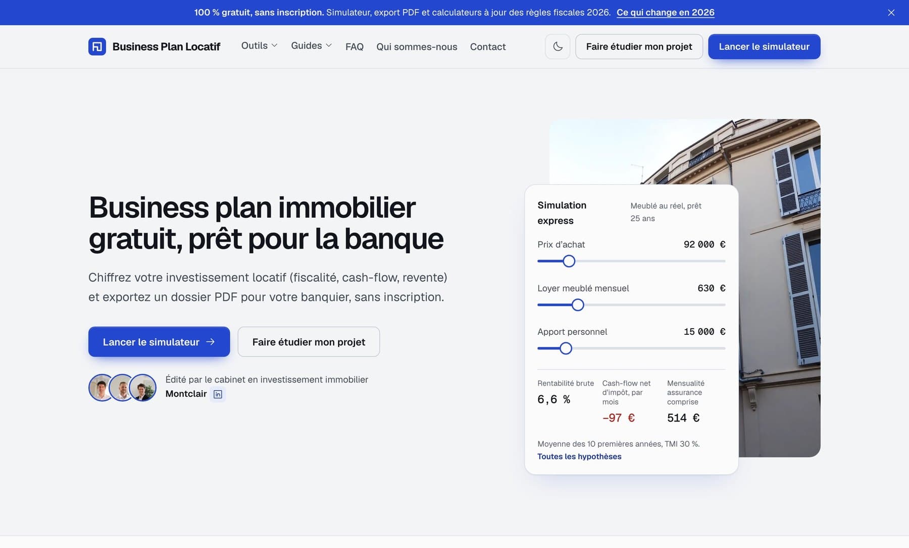 Page d’accueil de Business Plan Locatif : simulateur gratuit de business plan immobilier avec simulation express de rentabilité