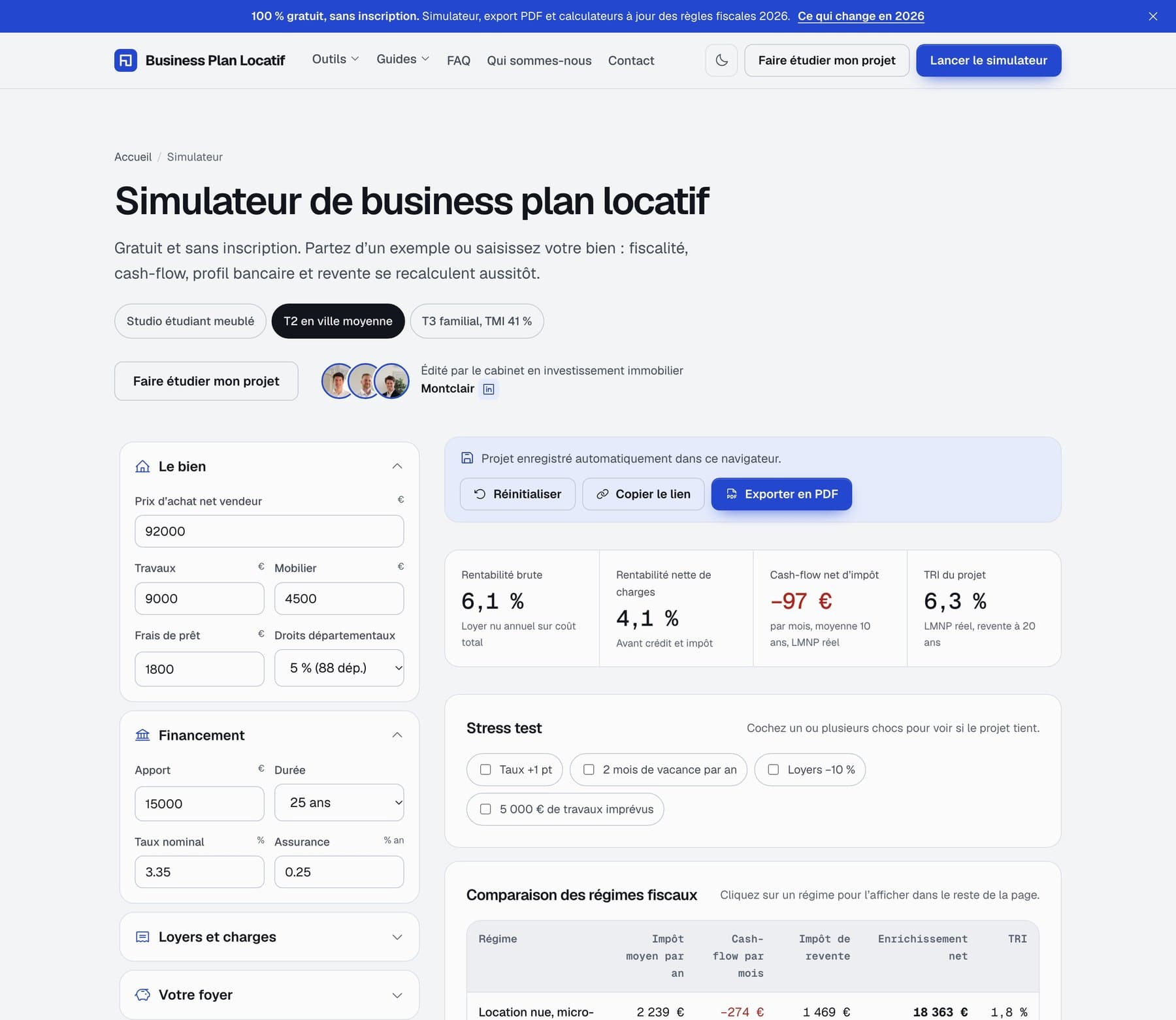 Interface du simulateur Business Plan Locatif : saisie du bien, financement, stress test et comparaison des régimes fiscaux